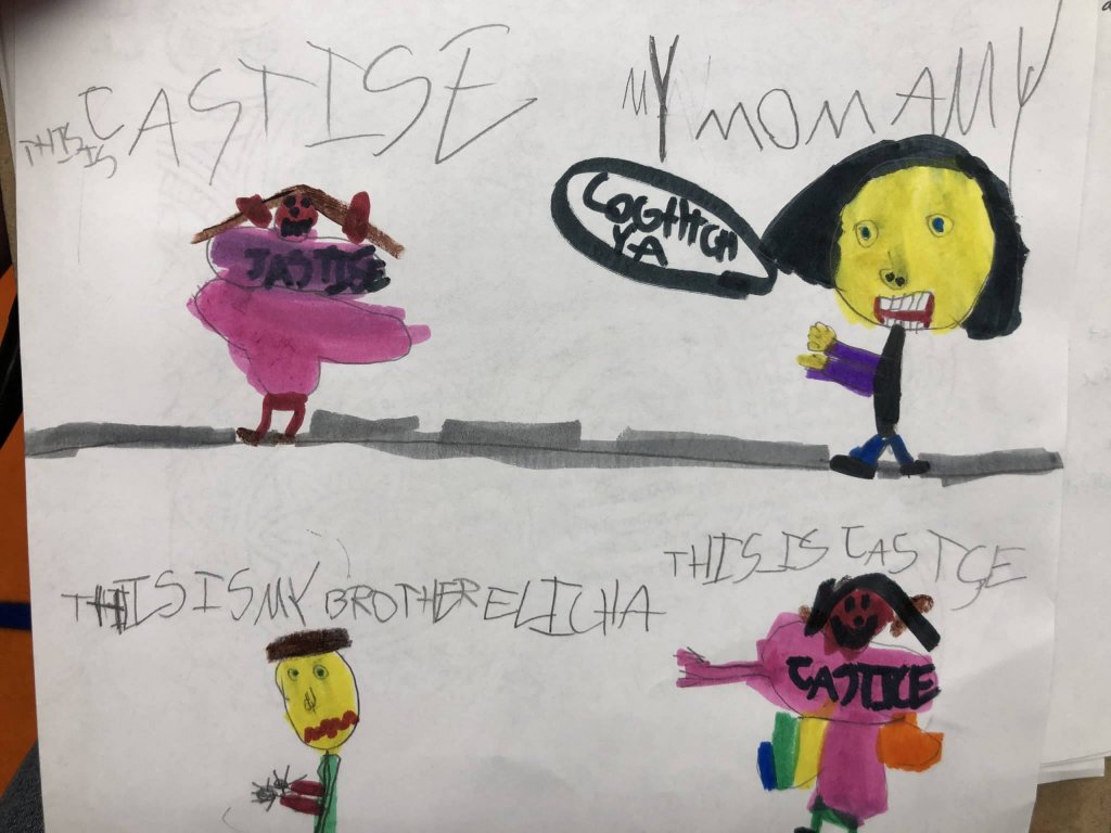 Drawing from a K student of her mom chasing after justice and justice chasing after her brother.