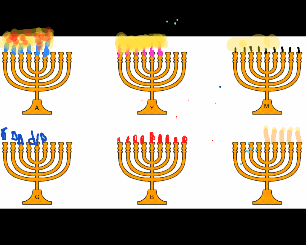 6 chanukiyot with hand-drawn candles and flames