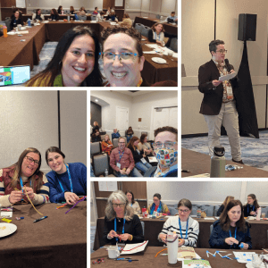 Five photos of Terri and Beverly facilitating at ARJE and ECE-RJ conferences