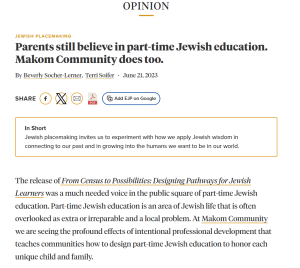 Screenshot to the url link to the eJP article "Parents Still Believe in part-time Jewish education. Makom Community does too."